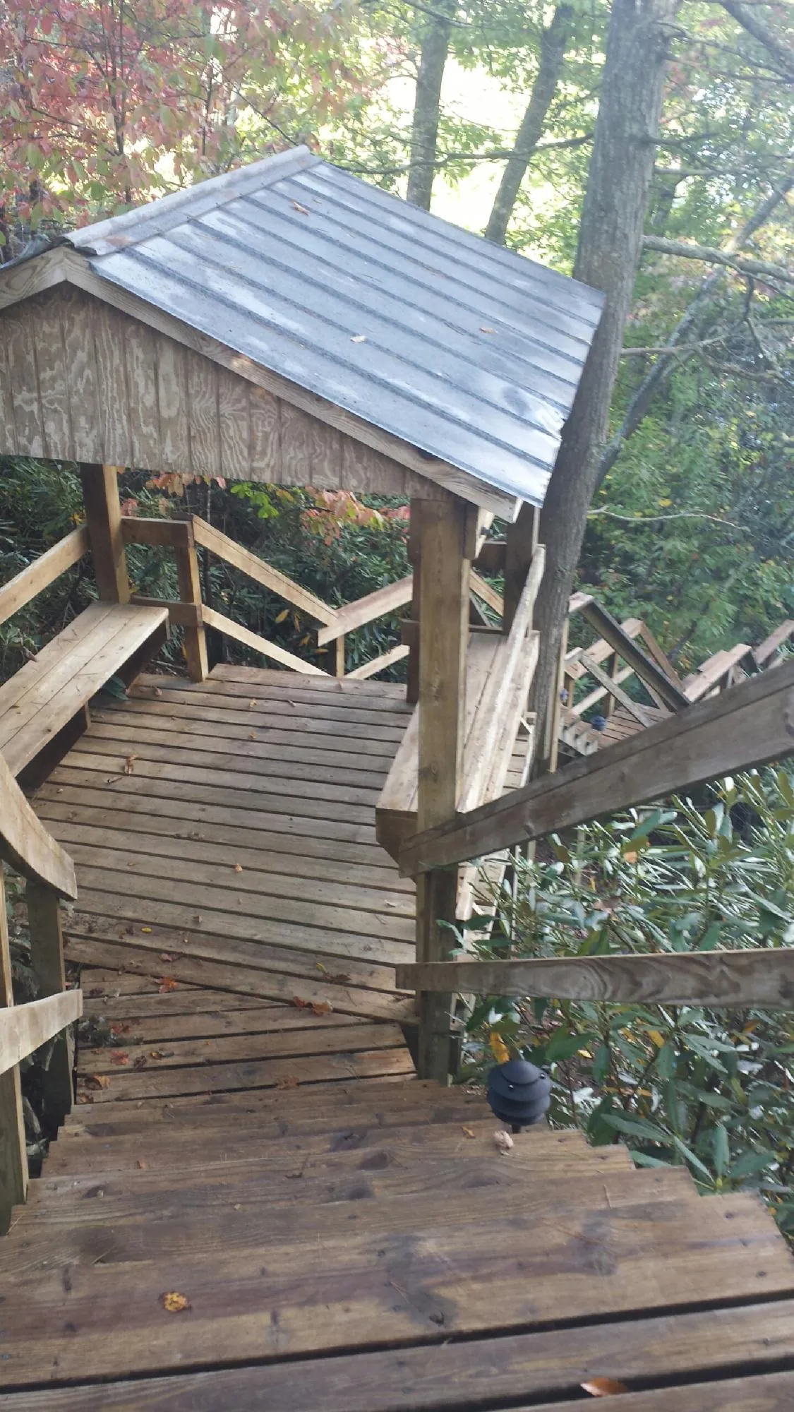 Metal roofed shelter over wooden steps on a wooded walkway — Skylight Repair & Installation work by our crew in Goldsboro
